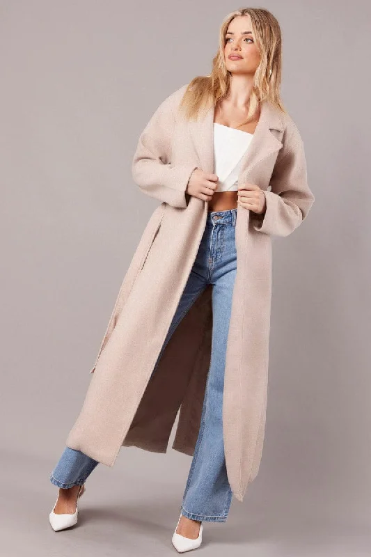 Effortless Grace Beige Long Coat Long Sleeve Tie Front