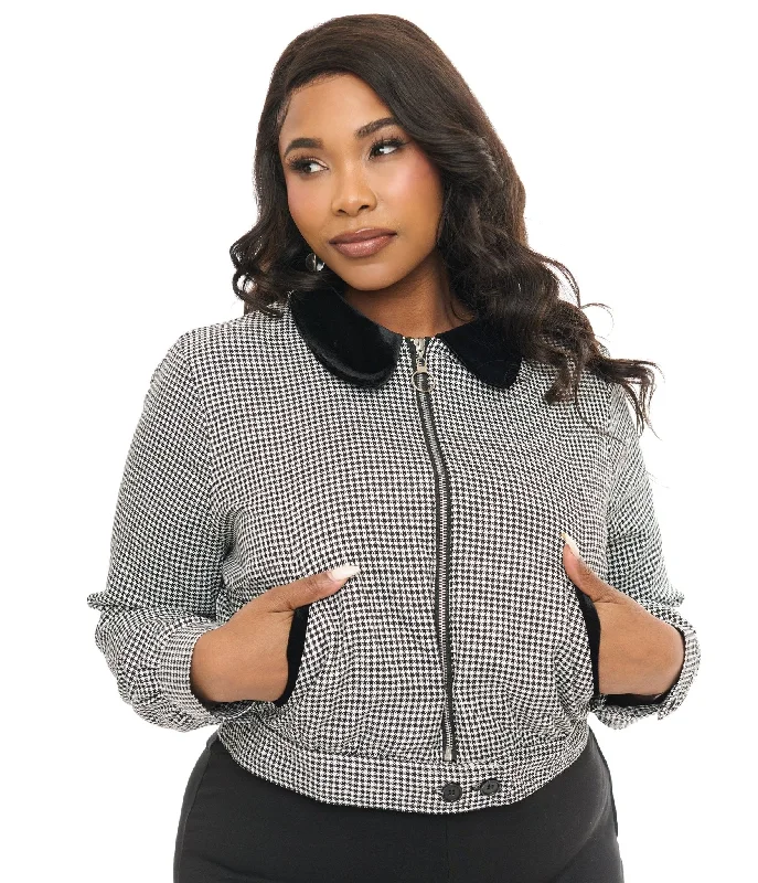 Chic Styles Hell Bunny Plus Size 1940s Black & White Houndstooth Teddy Jacket