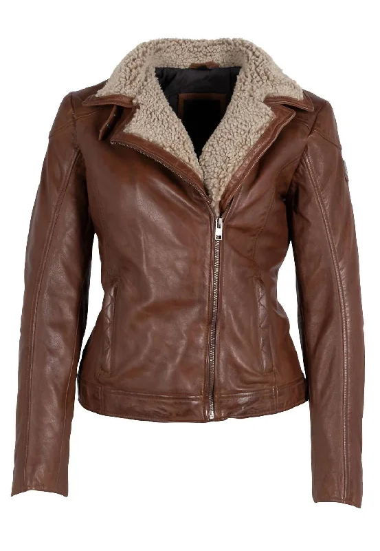 From Casual To Classy Women Jenja Lamb Leather Jacket With Teddy Fur Trim In Dark Cognac