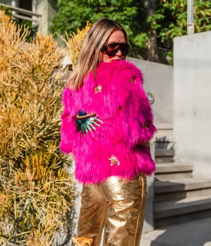 Beat The Heat In Tropical Styles Jennafer Grace Hot Pink Planet Queen Faux Fur Jacket