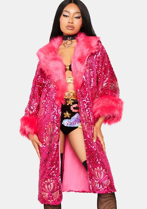 Hot Sale The Pink Starlet Sequin Faux Fur Jacket