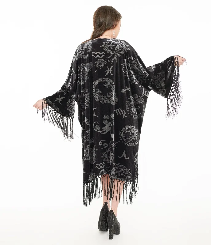 Budget Friendly Fashion Unique Vintage 1920s Silver & Black Velvet Zodiac Fringe Kimono