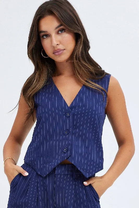 Boutique Styles Blue Stripe Top Waistcoat Sleeveless V Neck Button Up Relaxed