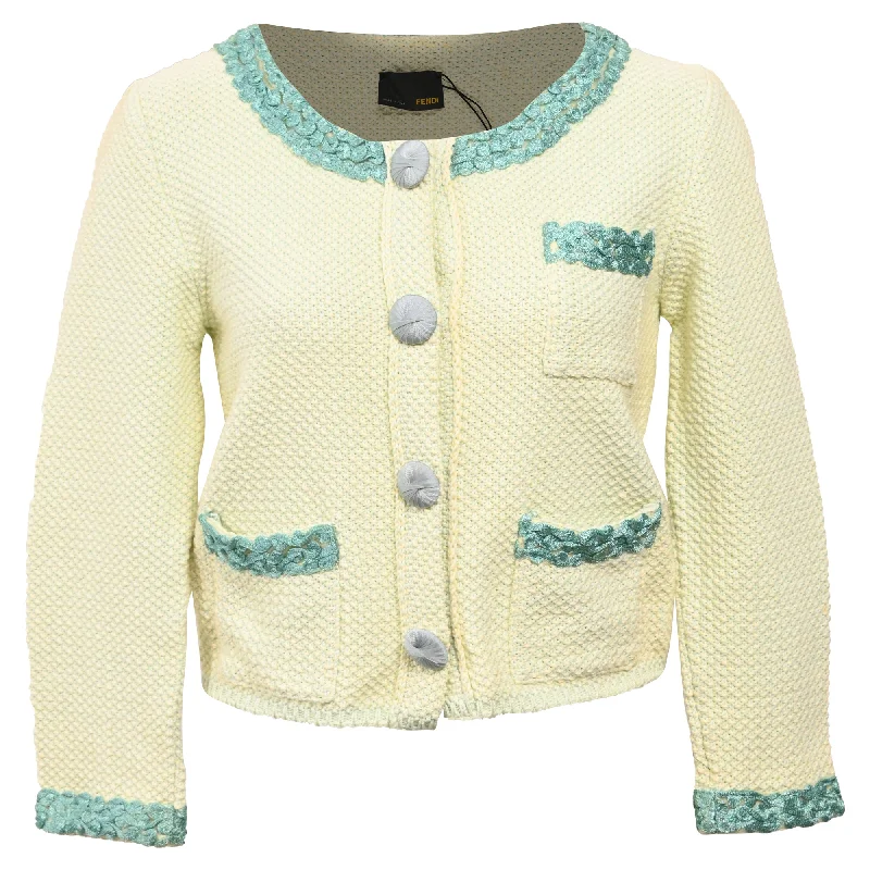 Stylish Savings Fendi Knitted Embellished-Buttons Cardigan in Yellow Cotton