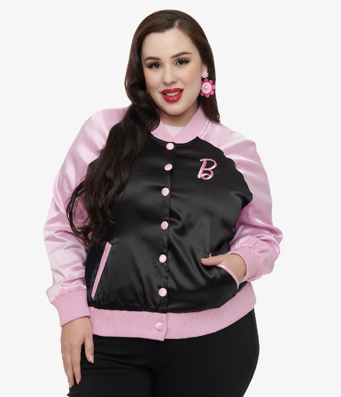 Y2K Nostalgic Fashion Look Barbie x Unique Vintage Plus Size Pink & Black OG Barbie Long Sleeve Bomber Jacket