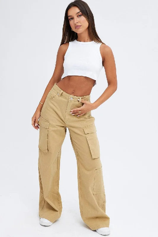 Best Sellers Beige Cargo Jeans Wide Leg Mid Rise