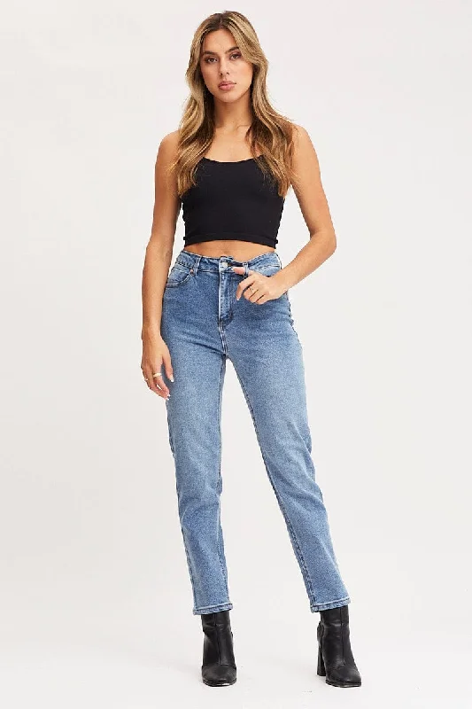 Feminine Grace Blue High Rise Mom Jeans