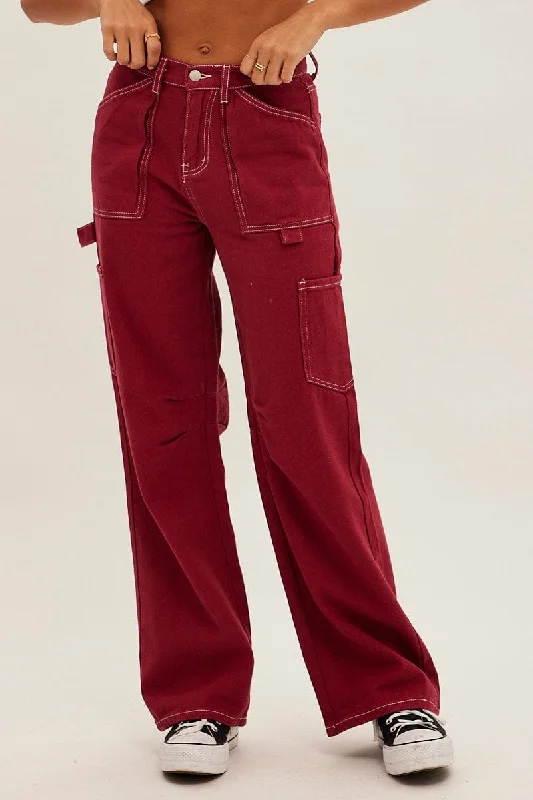 Bold Silhouette Red Cargo Jeans Mid Rise