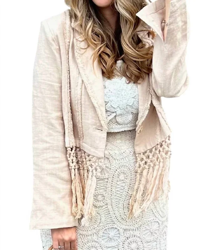 Feminine Allure Sweet Fringe Linen Jacket In Beige