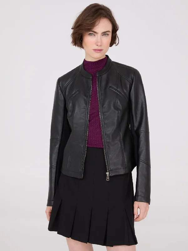 Elevated Style Collarless Faux Leather Jacket