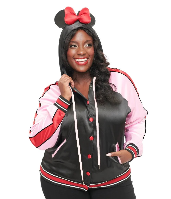 Fashion-Forward Disney Mickey & Friends Collection by Unique Vintage Plus Size Minnie Mouse Hooded Satin Bomber Jacket