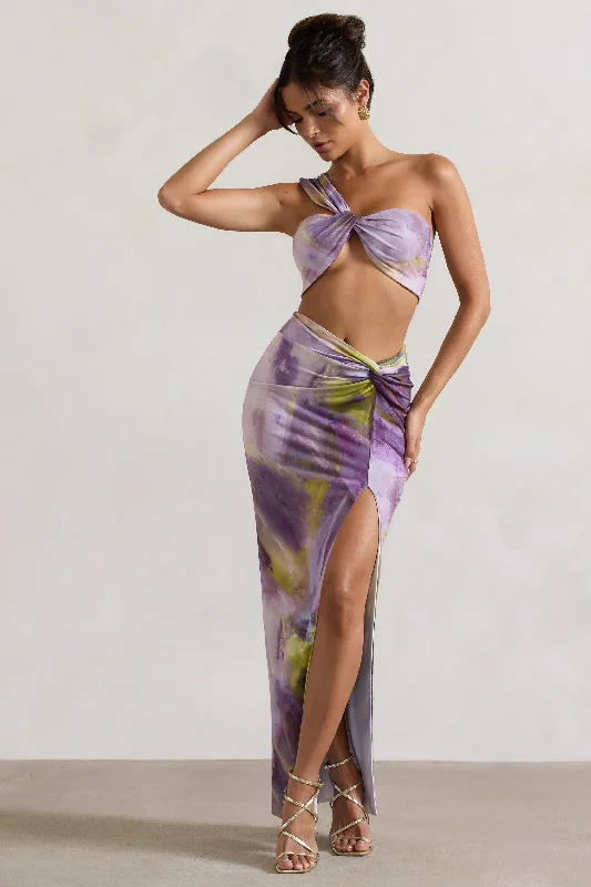 Comfort Meets Fashion Tender Kiss | Lilac Print Knot Split Maxi Skirt