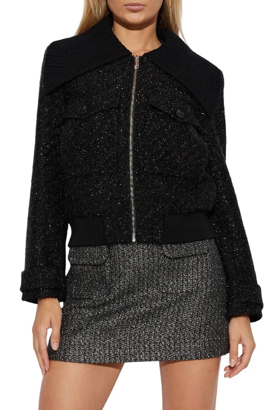 Casual Chic Boucle Bomber Jacket In Black