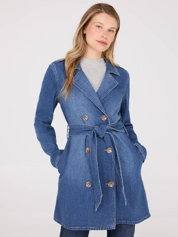 Coastal Beach - Inspired Style Double-Breasted Denim Trench Coat