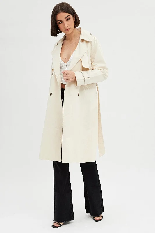 Sophisticated Outfits Beige Trench Coat Long Sleeves Cotton