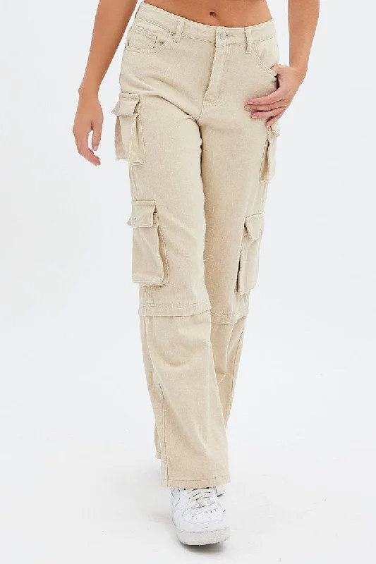 Elegant Style Beige Cargo Denim Jeans High rise