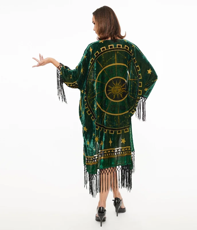 Sleek Design Unique Vintage 1930s Emerald & Gold Zodiac Burnout Velvet Fringe Kimono