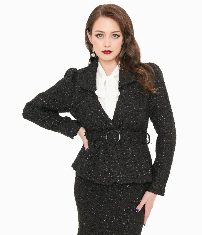 Cool Prices Unique Vintage 1940s Black Lurex Tweed Belted Jacket