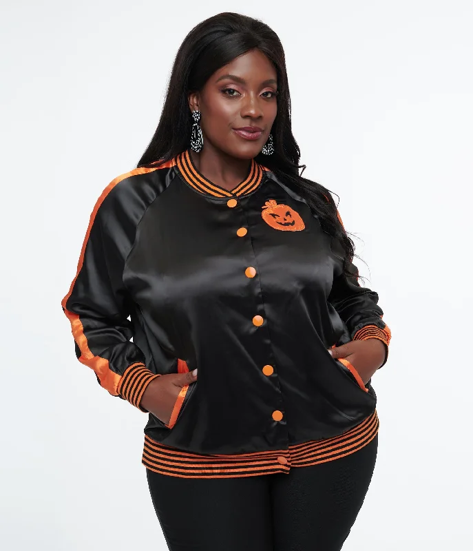 Trendy Fashion For Women Unique Vintage Plus Size Black & Orange Scream Queen Satin Bomber Jacket