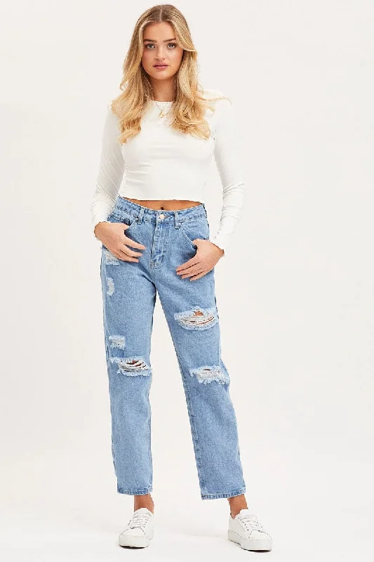 Summer Splash Sale Blue Boyfriend Denim Jeans Mid Rise