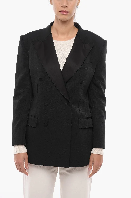 Contemporary Elegance Dolce & Gabbana Tech-gabardine Double-breasted Blazer with Satin Peak Lapel