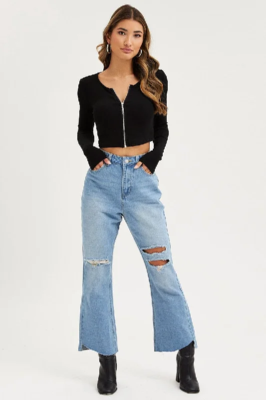 Dreamy Draping Blue Flare Denim Jeans Mid Rise