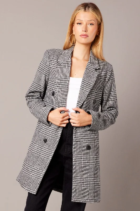 Dreamy Aesthetic Black Check Coat Longline Collared Long Sleeve