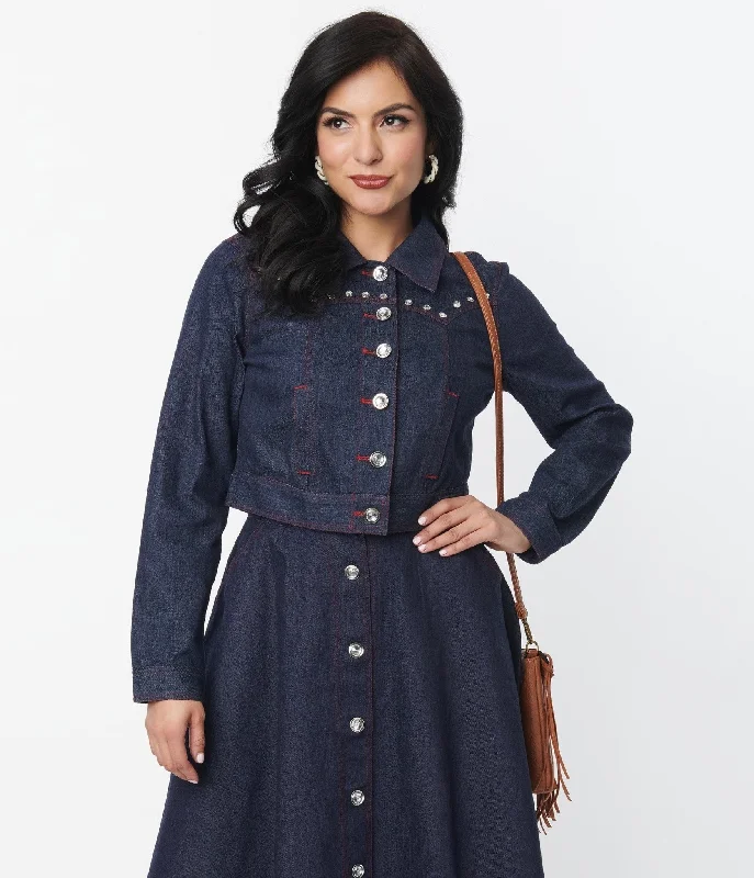 Casual Elegance Unique Vintage Dark Denim Western Boxy Crop Jacket