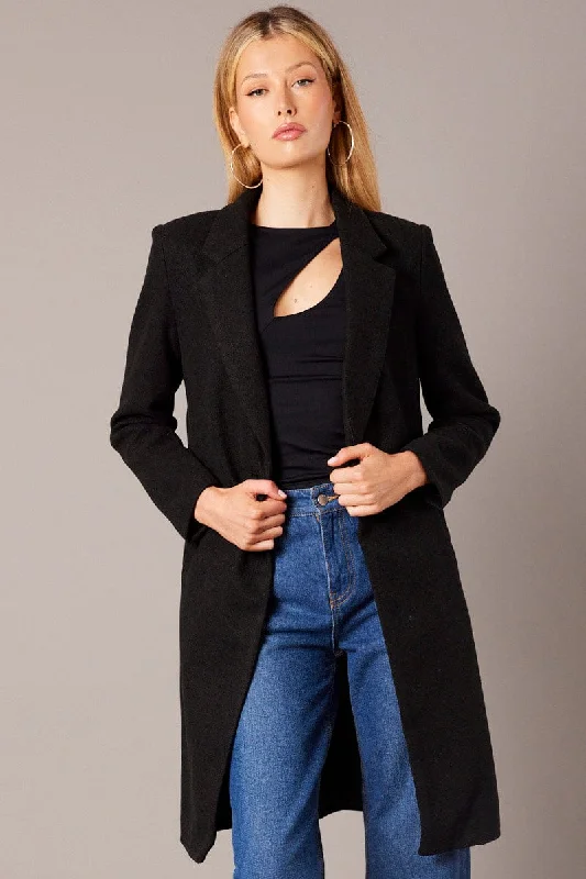 Polished Finish Black One Button Coat Knee Length