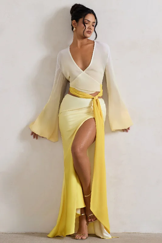 Versatile Wardrobe Essentials Serita | Yellow Ombre Satin Split Maxi Skirt