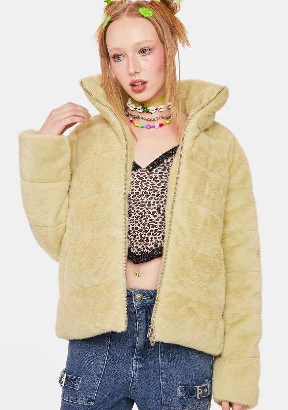 Timeless Elegant Melon Marina Faux Fur Puffer Jacket