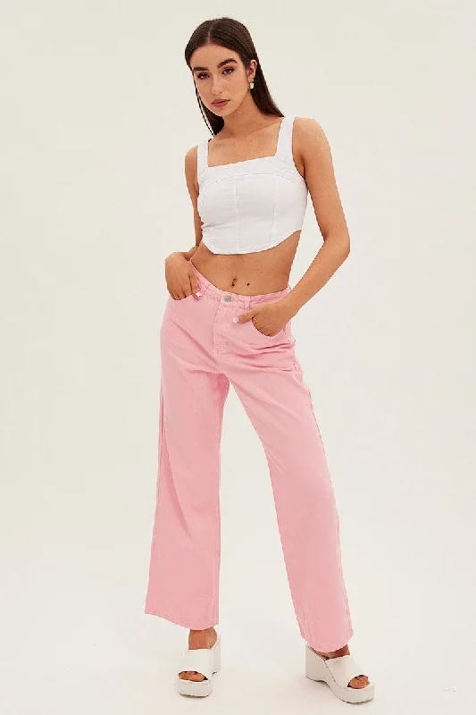 Elegant Details Pink Denim Jeans High Rise Wide Leg