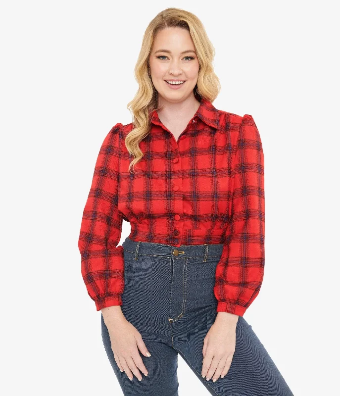 Disco - Inspired Retro Dance Look Red Plaid Rosie Bomber Jacket