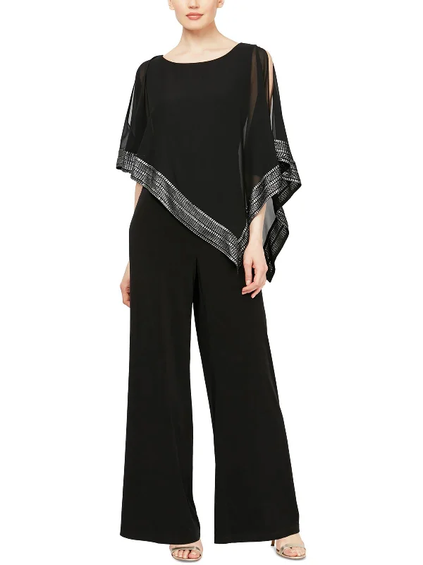 Valentine's Special Petites Womens Chiffon Metallic Jumpsuit