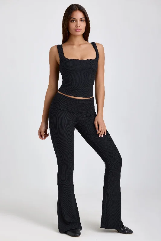 Trendy Styles Ribbed Modal Mid-Rise Foldover Flared Trousers in Black