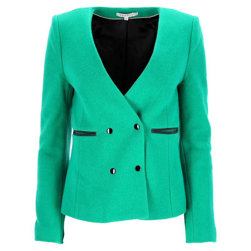 Vintage Charm Sandro Paris Double-Breasted Blazer with Pockets in Green Wool