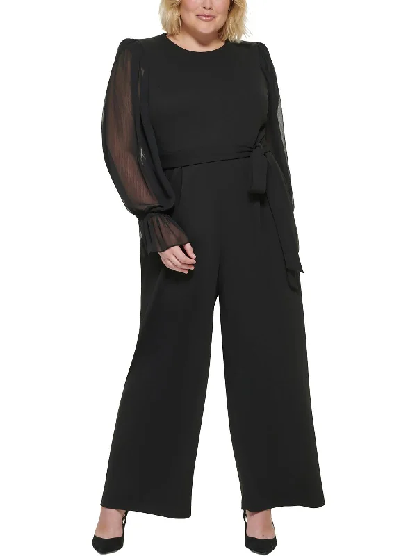 Holiday Sale Plus Womens Belted Sheer Sleeves Jumpsuit