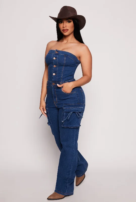 Feminine Charm Daisy Denim Cargo Strapless Jumpsuit