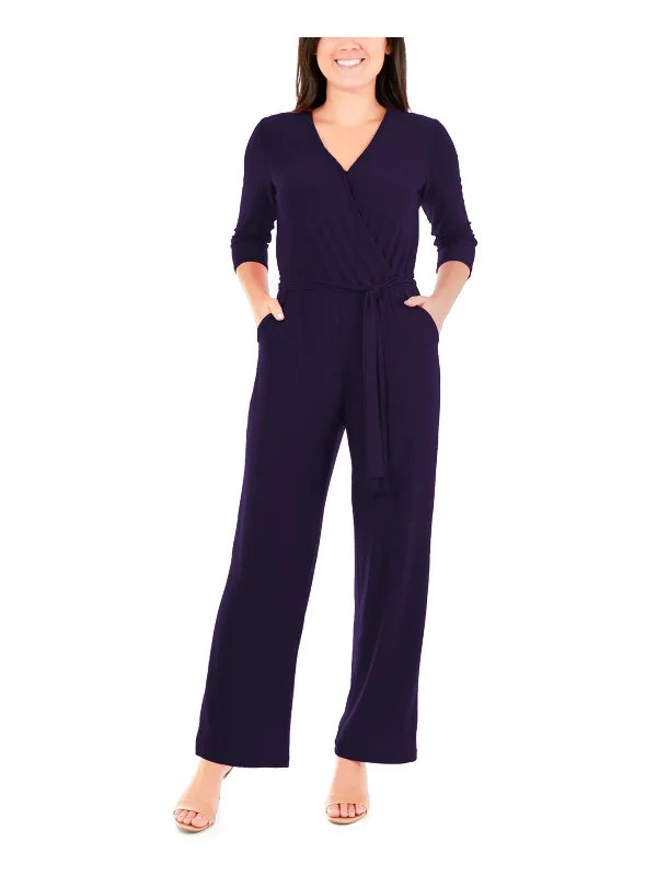 Minimalist Chic Petites Womens V-Neck Belted Jumpsuit