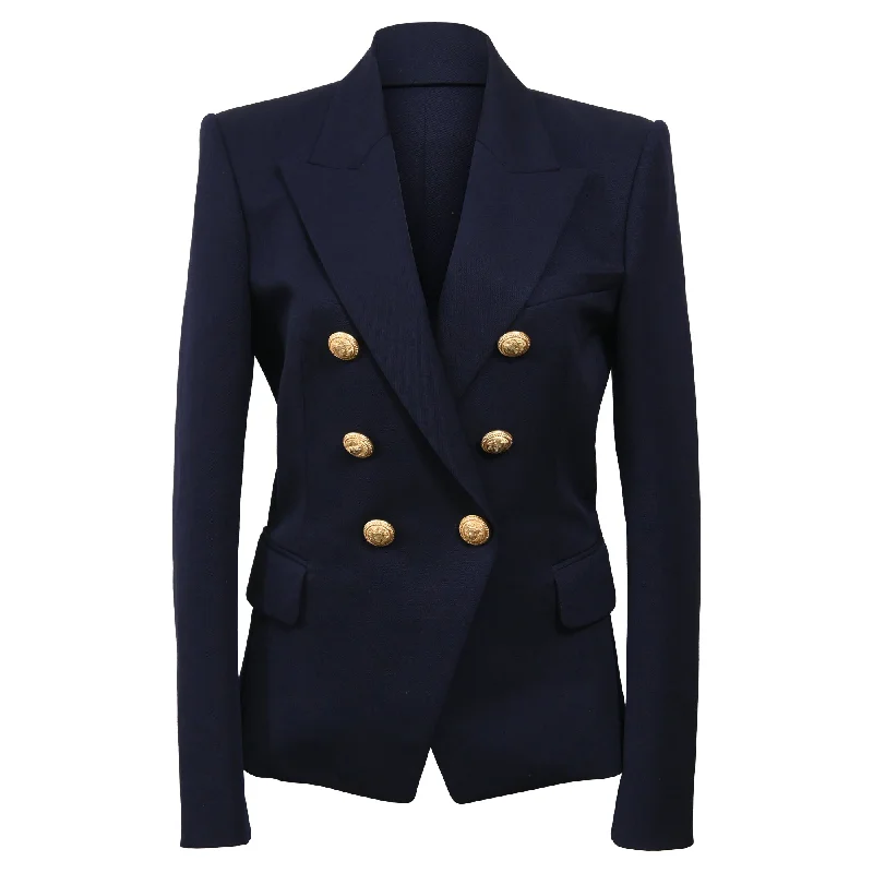 Trendy Street Style Attire Balmain Embellished Buttons Double-Breasted Blazer in Navy Blue Wool