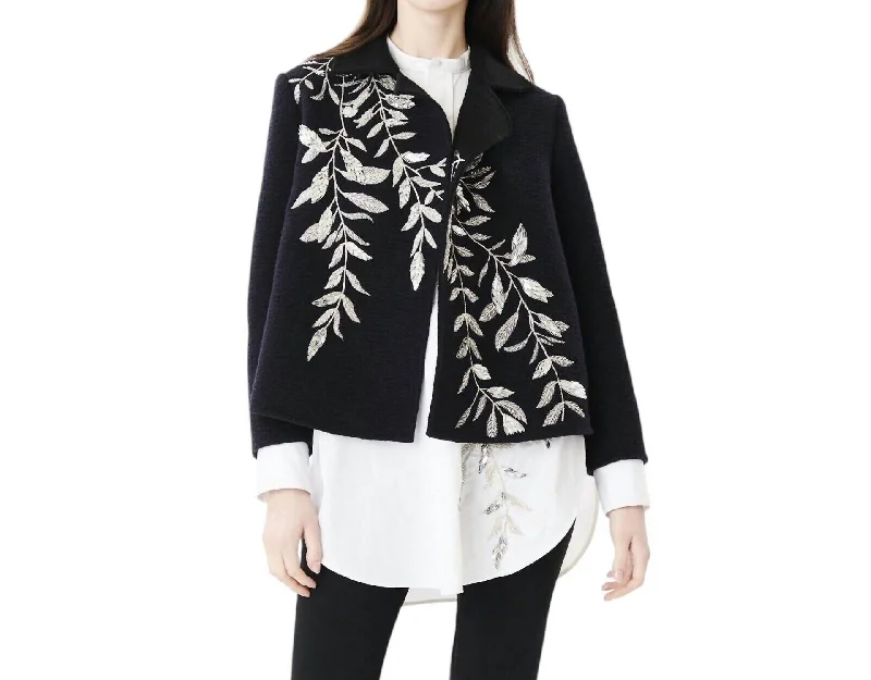 Stylish Looks Beaded Embroidery Open Front Wool Blazer In Black