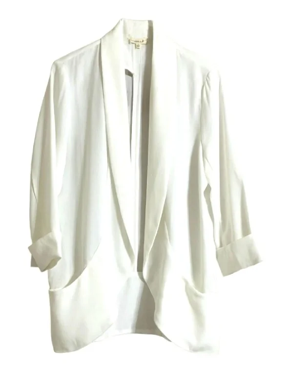 Versatile Wardrobe Essentials Women's Front Rolled Collar Open 3/4 Sleeve Shawl Blazer In White