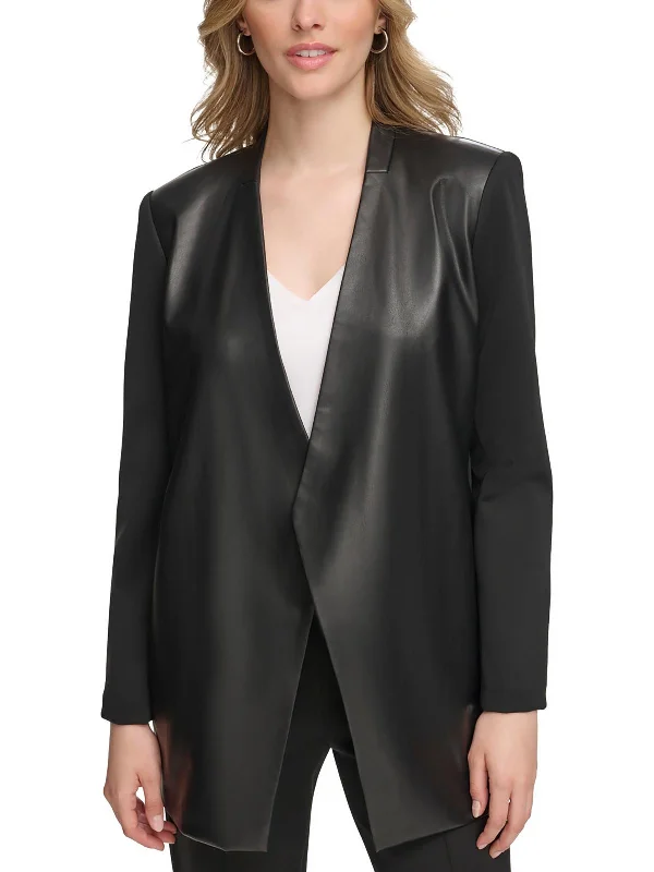 Save Big Womens Faux Leather Open-Front Blazer