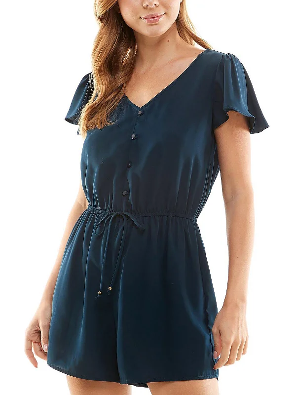 Elegant Ensemble Juniors Womens Drawstring Waist Button-Down Romper