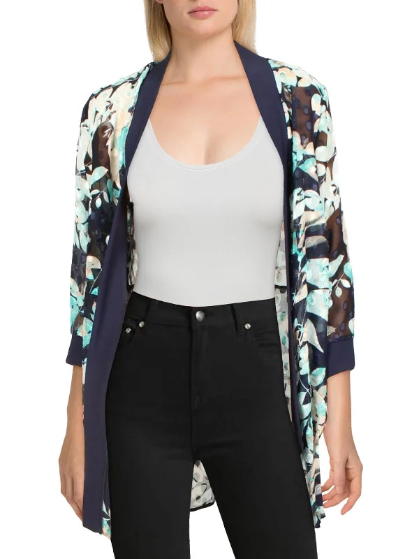 Tropical Island - Inspired Attire Petites Womens Chiffon Floral Duster Blazer