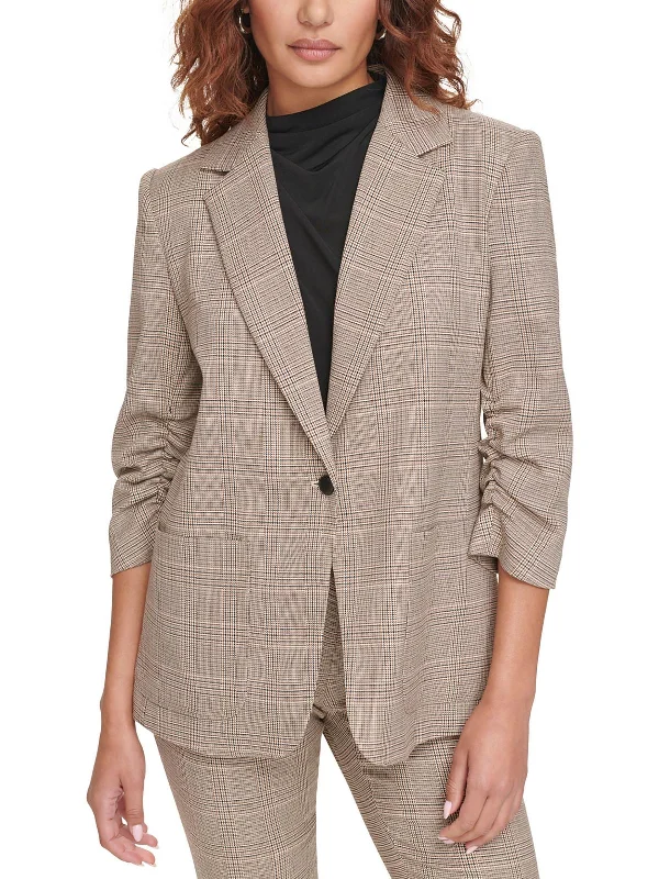 Colorful Clothing Petites Womens Houndstooth Ruched One-Button Blazer