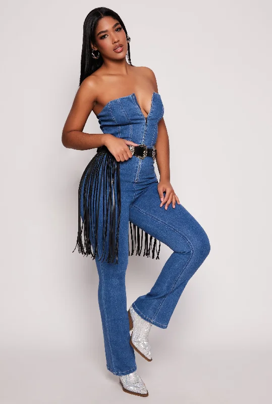 Effortless Style Denim Strapless Zip Front Jumpsuit