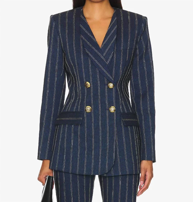 Innovate Your Wardrobe Collarless Double Breasted Blazer In Indigo Stripe