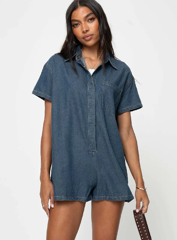 Save On Inspired Styles Dottey Denim Romper Dark Wash