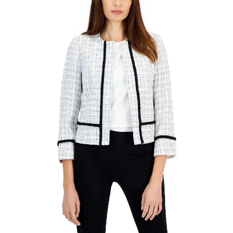 Elegant Styles Petites Womens Plaid Collarless Open-Front Blazer